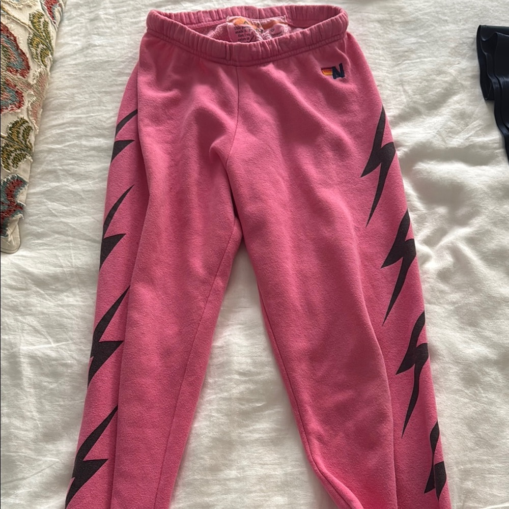 Kids Pink Sweatpants with Black Lightning Design